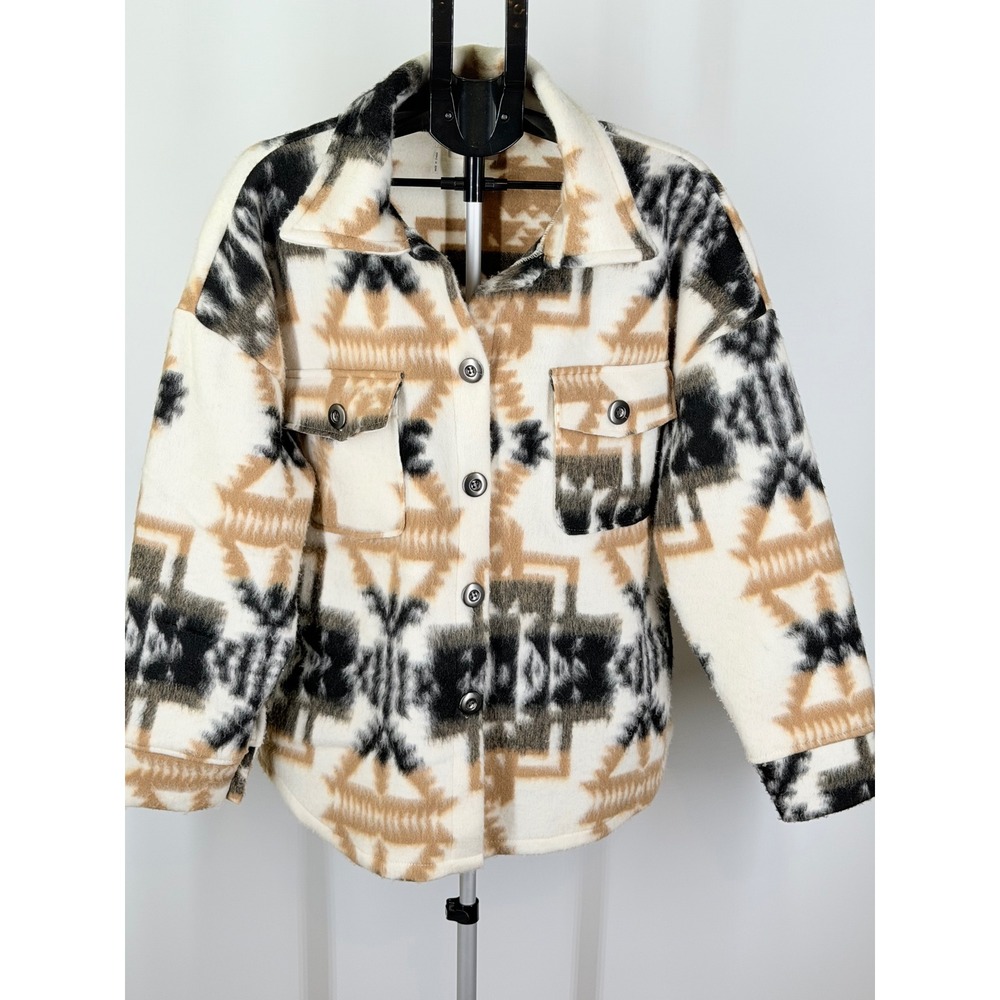 Elan Southwestern Fleece Shacket Womens Medium Tan Cream Aztec Jacket